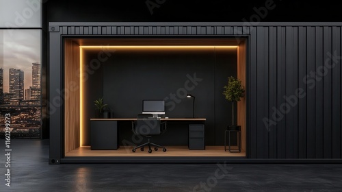 Wallpaper Mural Hightech container office with LED accents, modern desk setup, urban skyline Torontodigital.ca