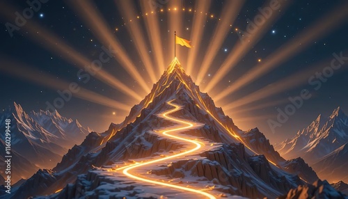 A mountain peak with a flag planted on top, surrounded by paths representing the journey of life.