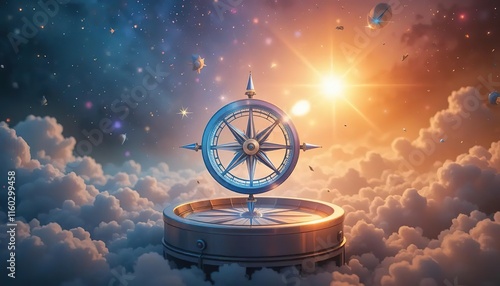 A compass with a glowing arrow pointing to a shining star in the distance, symbolizing life purpose and motivation.