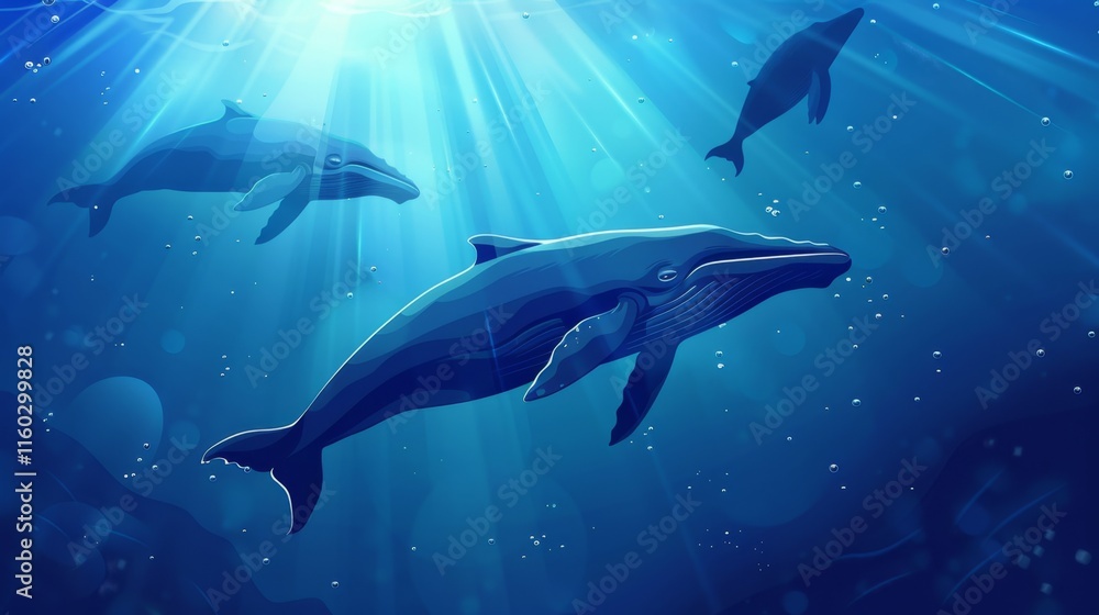 Whales glide gracefully through the enchanting depths of the ocean, embodying the beauty and mystery of marine life in serene surroundings Whales glide gracefully through the enchanting depths of the ocean, embodying the beauty and mystery of marine life in serene surroundings