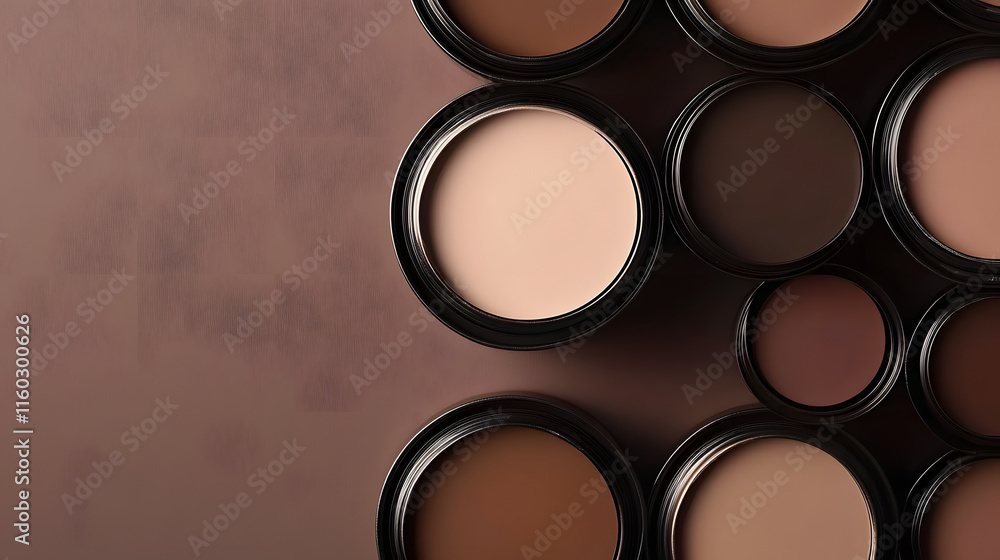 open cans of wall paint in shades of muted mocha brown color on a muted mocha brown background in a row top view, 2025 color trend open cans of wall paint in shades of muted mocha brown color on a muted mocha brown background in a row top view, 2025 color trend