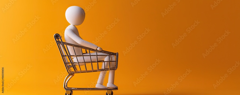 A minimalist figure sits in a shopping cart against a vibrant orange background, symbolizing consumerism and playful exploration. A minimalist figure sits in a shopping cart against a vibrant orange background, symbolizing consumerism and playful exploration.