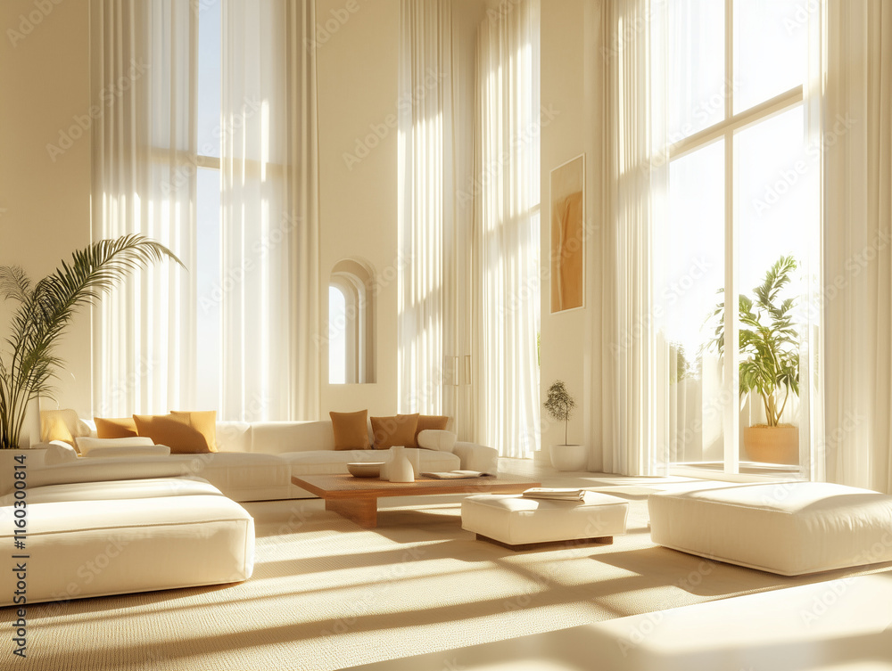 Fototapeta premium A bright and airy modern living room backdrop featuring natural light, comfortable decor, and inviting seating arrangements, creates a peaceful and stylish atmosphere.