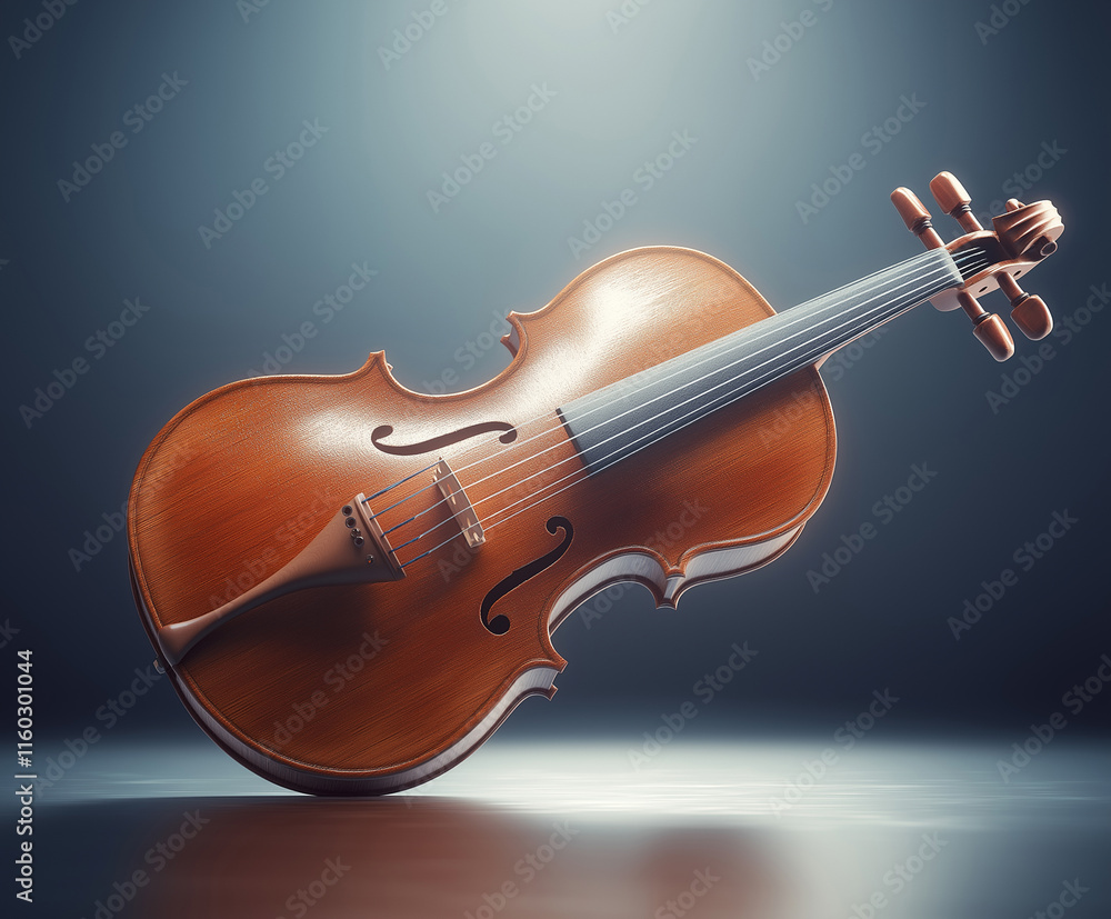 Fototapeta premium Beautiful wooden violin showcased against a dark background with soft lighting effects highlighting its features
