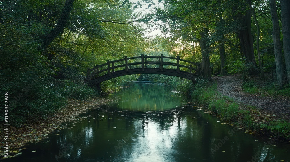 Serene wooden bridge over calm canal in lush green forest. Serene wooden bridge over calm canal in lush green forest.