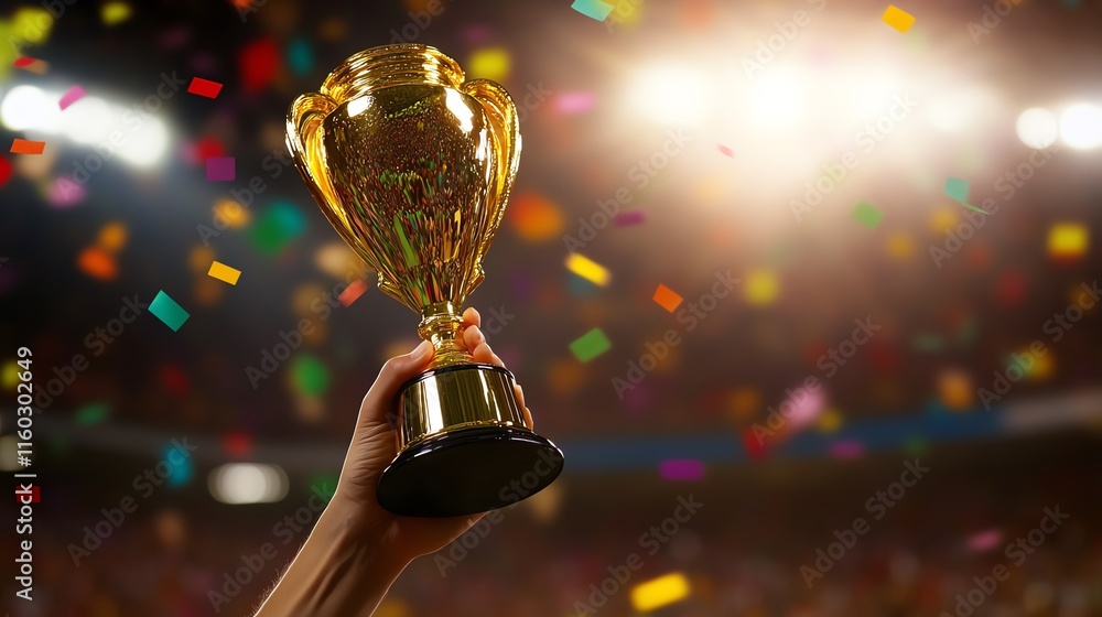 Celebration of victory with a golden trophy. Celebration of victory with a golden trophy.