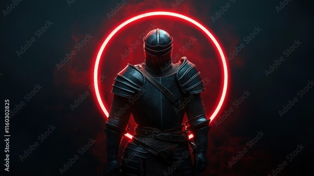 Fototapeta premium Dark knight in full plate armor stands within a glowing red neon circle against a smoky background.