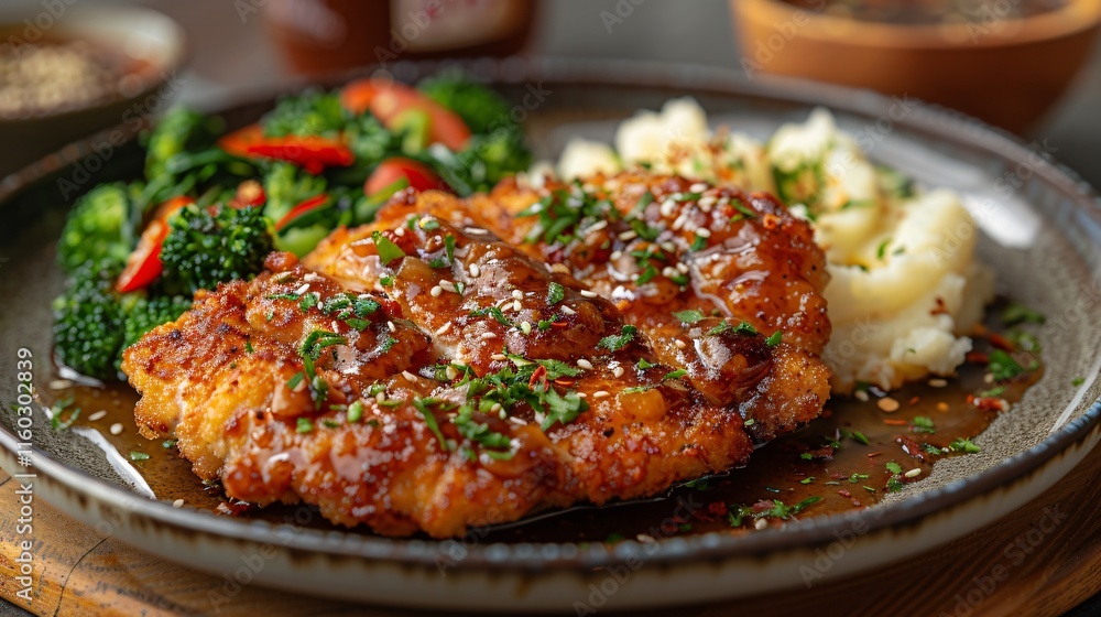 Crispy breaded chicken marsala with mashed potato Crispy breaded chicken marsala with mashed potato