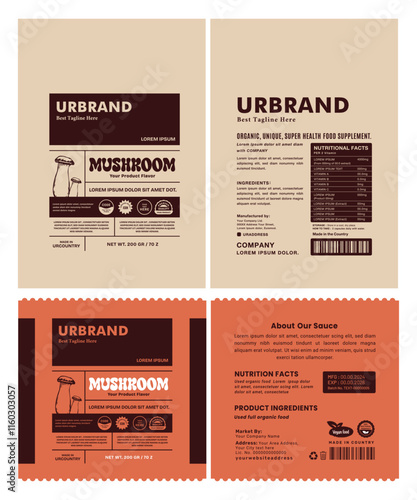 Modern Mushroom Supplement Label a clean and minimalist pouch bag design that focuses on health and wellness, featuring retro-inspired style and eye-catching graphics.