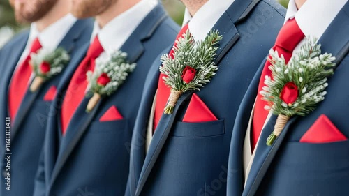 Groomsmen in Navy Suits with Red Ties, closeup of wedding buttonhole flower decoration. 