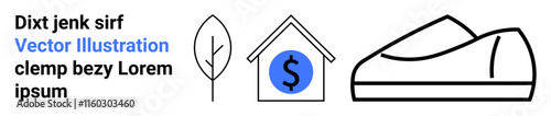 Tree, house with dollar sign, and a shoe in minimalist black and blue style. Ideal for finance, real estate, environmental topics, home economics, savings, footwear, marketing. Landing page