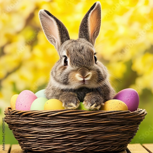 Easter Bunny in Basket with Eggs