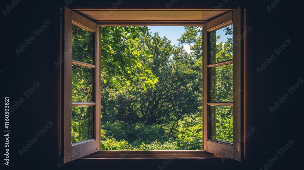 Open window revealing lush green trees and bright sunlight. Open window revealing lush green trees and bright sunlight.