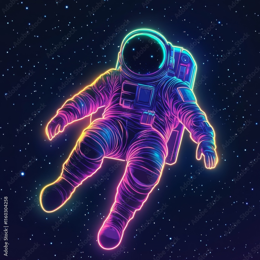 Neon astronaut floats in starry space. Neon astronaut floats in starry space.