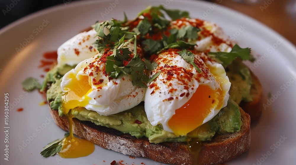 Avocado toast with poached eggs on plate Avocado toast with poached eggs on plate