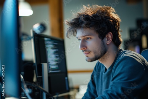 A young male programmer focuses intently on his computer screens, immersed in writing HTML and other code