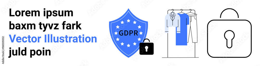 Lorem ipsum text on left, shield icon with GDPR label and lock in the middle, clothes hangers, and padlock icon on right. Ideal for data protection, privacy policy, security protocols, identity Lorem ipsum text on left, shield icon with GDPR label and lock in the middle, clothes hangers, and padlock icon on right. Ideal for data protection, privacy policy, security protocols, identity