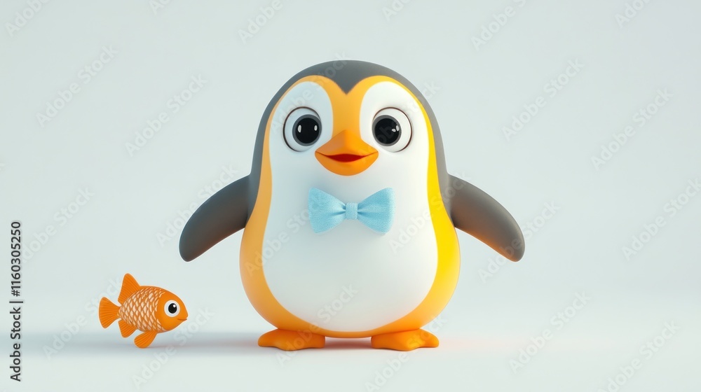 Fototapeta premium Cute cartoon penguin wearing a bow tie with a goldfish.