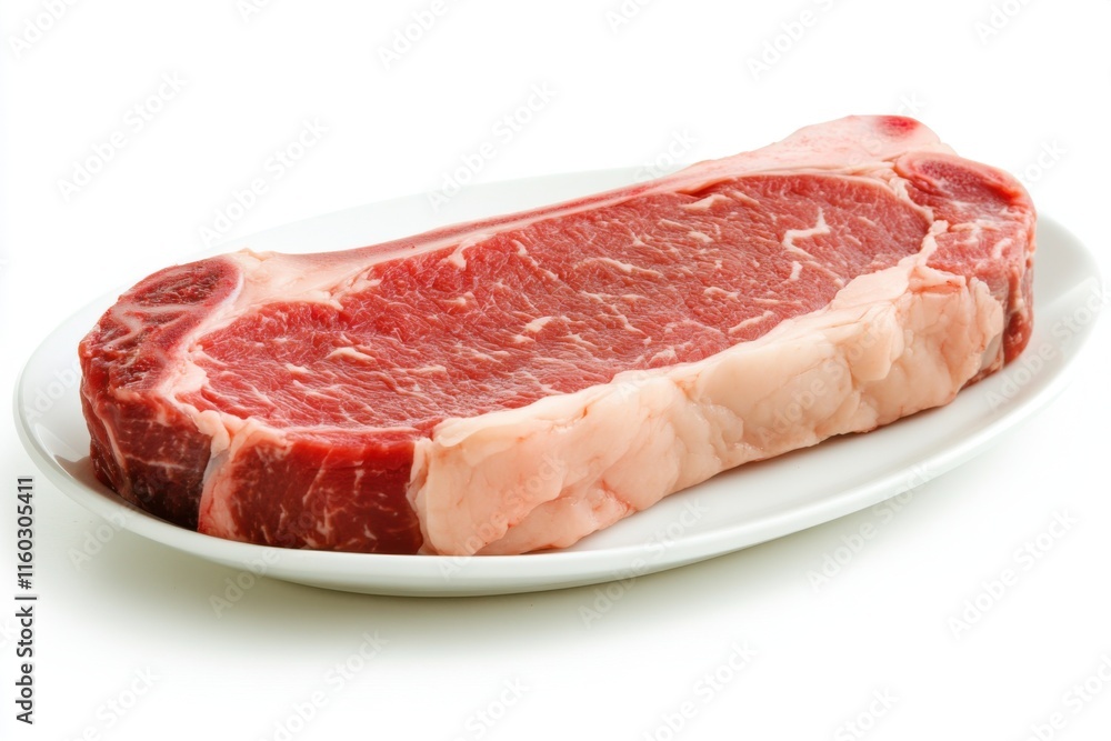 A Raw Strip Steak Ready for Grilling: Juicy and Delicious Beef Cut on White Plate A Raw Strip Steak Ready for Grilling: Juicy and Delicious Beef Cut on White Plate