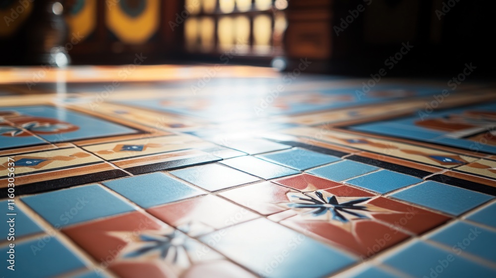 Obraz premium Colorful patterned tile floor in sunlight.