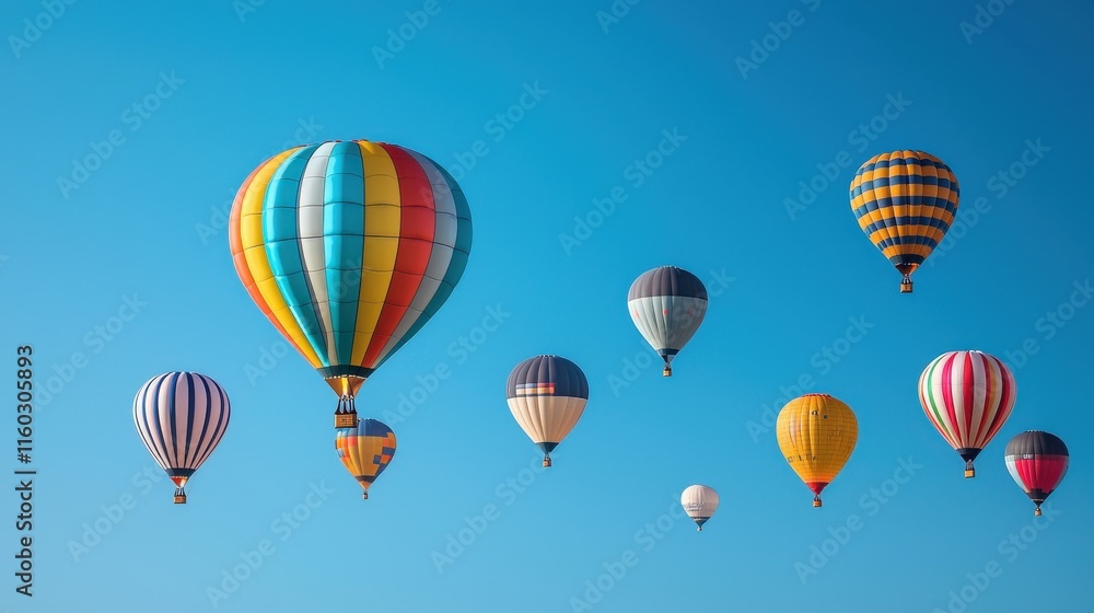 Naklejka premium Colorful hot air balloons ascend against a clear blue sky, creating a vibrant and cheerful scene of adventure and freedom.