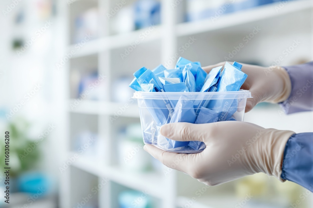 Fototapeta premium Close-up of gloved hands holding a transparent container with blue sanitary packets, clean clinical background, concept of hygiene and healthcare. Ai generative