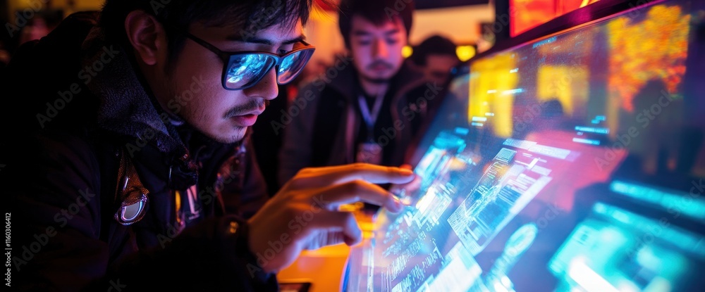 Obraz premium Focused man interacts with a futuristic digital interface at a tech expo.