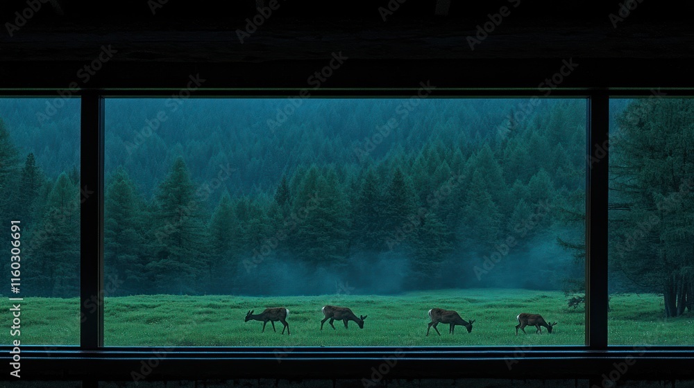 Fototapeta premium Deer grazing in misty forest meadow viewed through a large window.