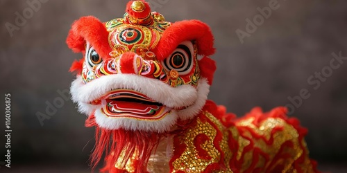 Chinese new year heritage concept. Colorful lion dance costume with intricate details and expressive features. photo