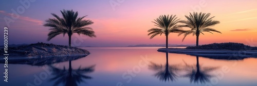 Serene sunset over calm water, reflecting two palm trees on small islands.