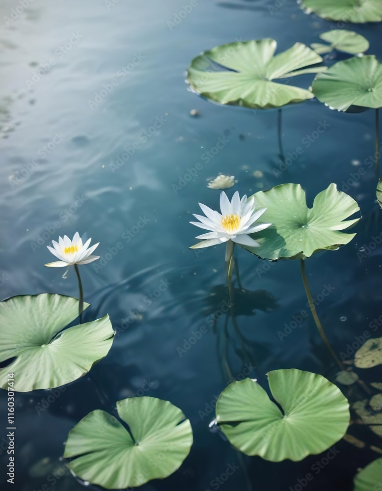 Soft focus watercolor background featuring calming blue waters with a few subtle lily pads , soft focus, serene landscape, blue watercolor Soft focus watercolor background featuring calming blue waters with a few subtle lily pads , soft focus, serene landscape, blue watercolor