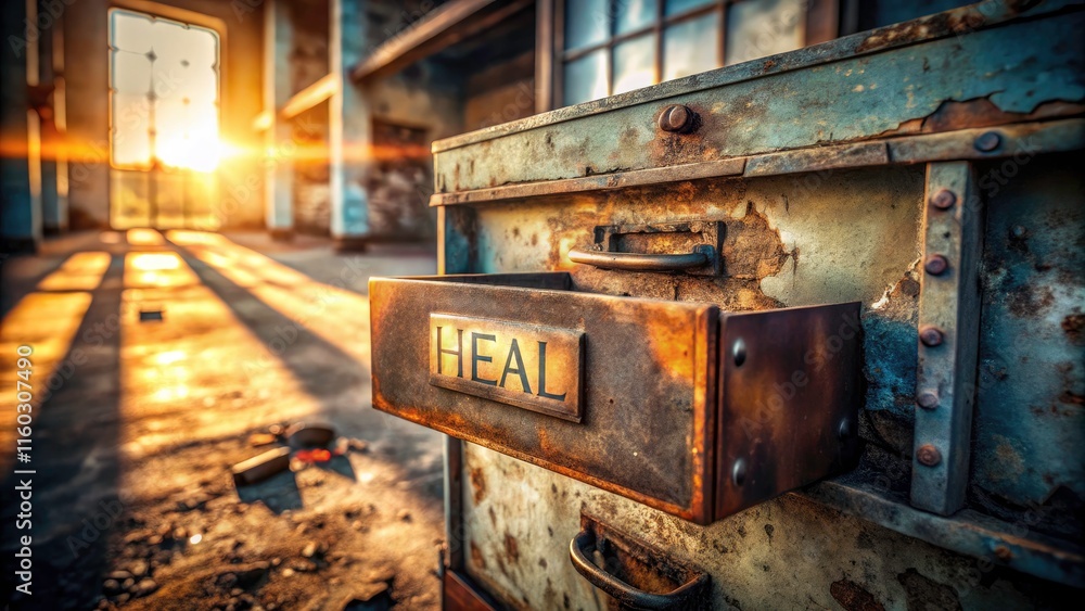 Abandoned building discovery: a healing word, crafted in aged metal letterpress, rests in a rusty drawer. Abandoned building discovery: a healing word, crafted in aged metal letterpress, rests in a rusty drawer.