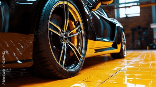 Sleek Black Sports Car with Chrome Wheels in Garage photo