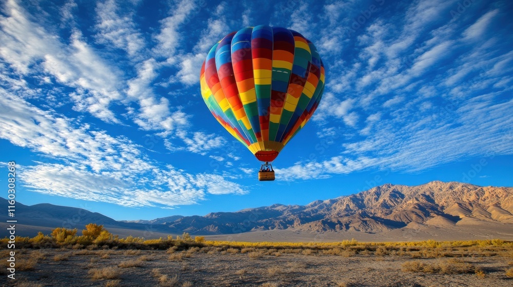 Fototapeta premium Colorful hot air balloon soaring over a vast desert landscape under a vibrant blue sky.