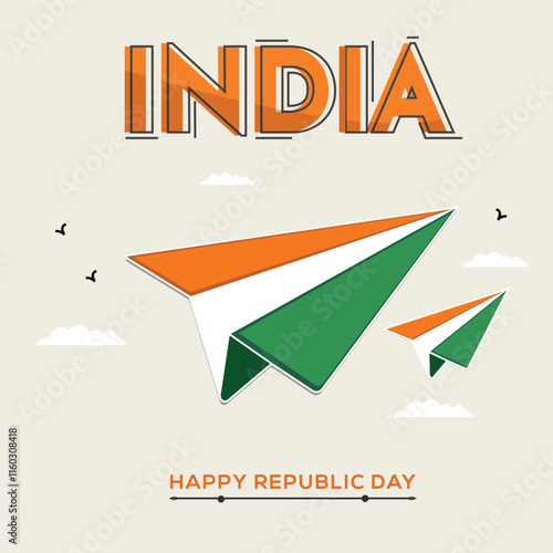 India Happy Republic Day Poster Design with Tricolor Paper Airplanes Illustration.