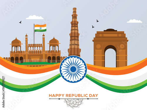 Happy Republic Day Poster with Indian Flag Ribbon on India Famous Monuments Background.