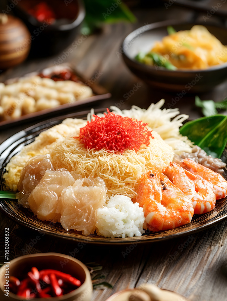 Traditional Lunar New Year Celebration with Authentic Asian Seafood and Noodle Dish : Generative AI Traditional Lunar New Year Celebration with Authentic Asian Seafood and Noodle Dish : Generative AI