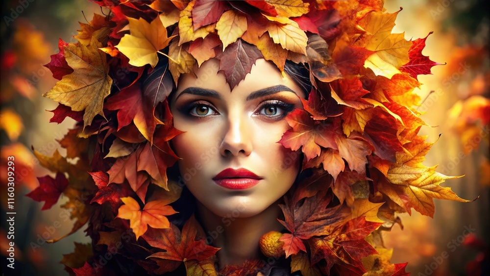 Autumn leaves cloak a face, creating a breathtaking, surreal nature portrait. Fall foliage transforms into a mystical mask. Autumn leaves cloak a face, creating a breathtaking, surreal nature portrait. Fall foliage transforms into a mystical mask.