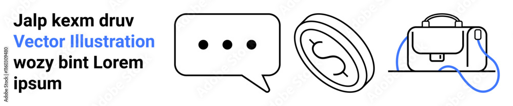 Black chat bubble with dots, coin with dollar sign, and briefcase. Ideal for finance, business, communication, marketing, education, technology, and web design. Landing page Black chat bubble with dots, coin with dollar sign, and briefcase. Ideal for finance, business, communication, marketing, education, technology, and web design. Landing page