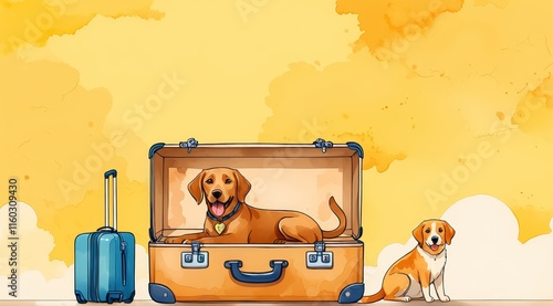 Adventurous dogs with suitcase and luggage against vibrant yellow background photo