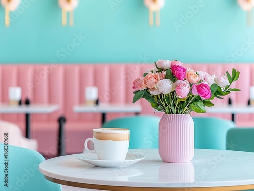 Charming hotel cafe with pastel decor, fresh flowers, and cozy seating, pastel coffee shop, cheerful, inviting photo