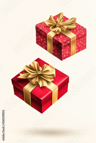 A high-quality depiction of two flying gift boxes in vibrant red and gold, tied with smooth satin bows and casting soft shadows, isolated on a transparent backdrop