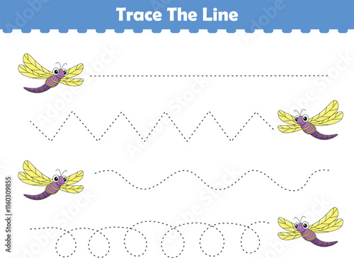 Trace line worksheets for children. Preschool handwriting practice with dragonfly. Vector illustration