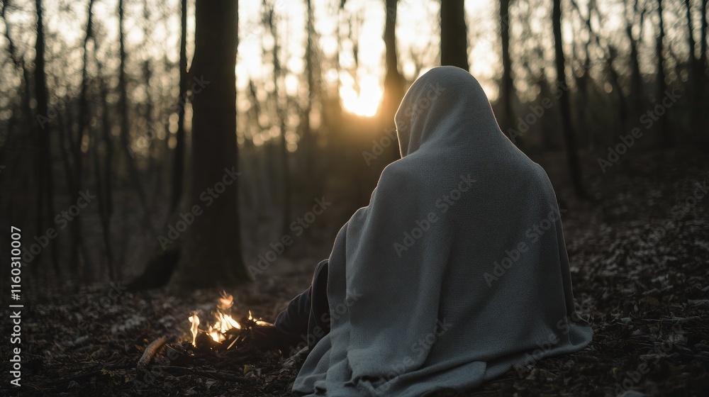 Person wrapped in blanket sits by a fire in a forest at sunset. Person wrapped in blanket sits by a fire in a forest at sunset.
