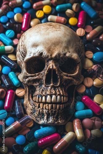 Pills around a skull photo