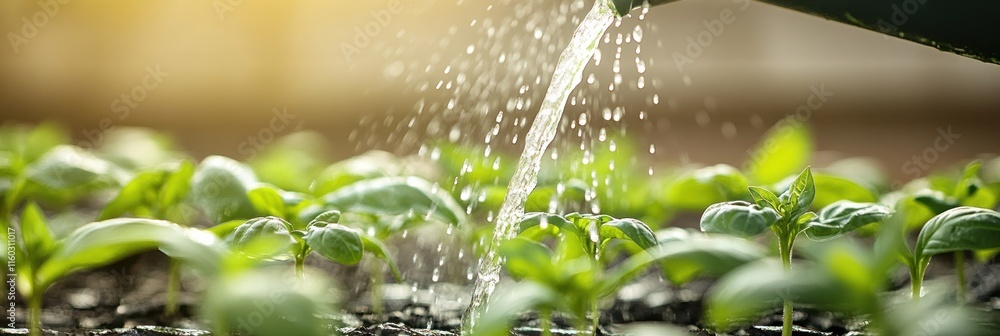Water pouring on vibrant green seedlings in a nursery. Water pouring on vibrant green seedlings in a nursery.