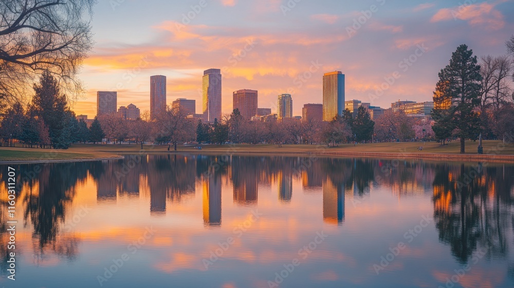Fototapeta premium City skyline reflected in calm lake at sunset.
