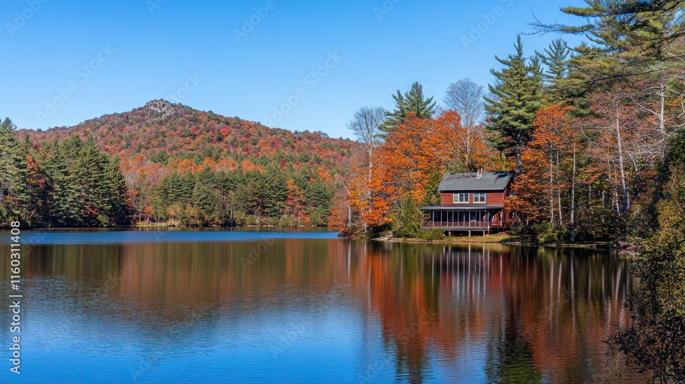 Red cabin on tranquil lake reflecting autumn foliage, mountain backdrop. Red cabin on tranquil lake reflecting autumn foliage, mountain backdrop.