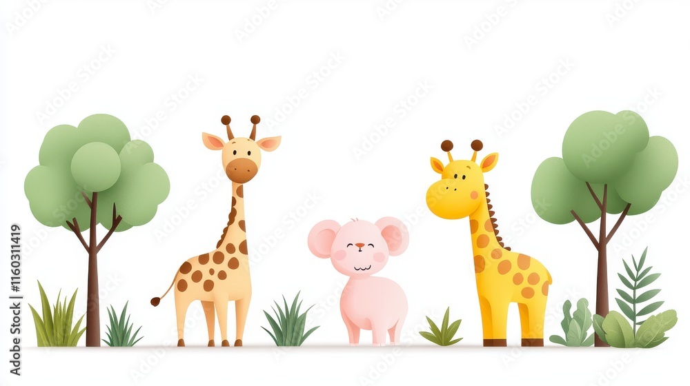 Naklejka premium Cute cartoon animals with giraffes and koala in a green landscape illustration