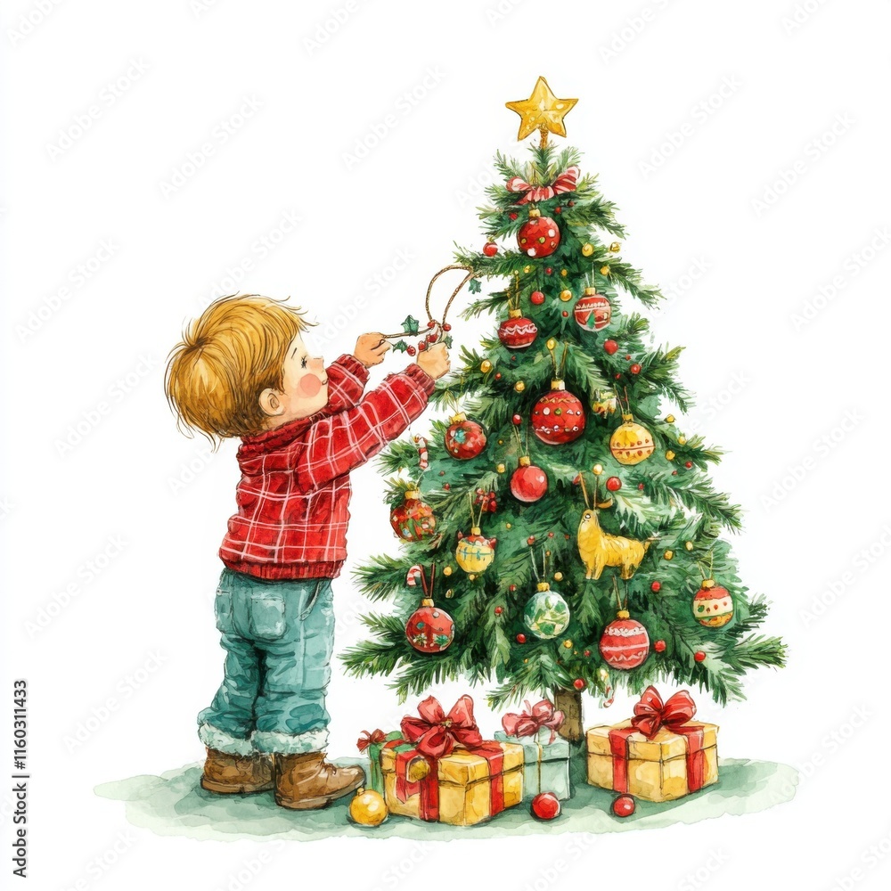child hangs ornaments on a tree or decorates child hangs ornaments on a tree or decorates